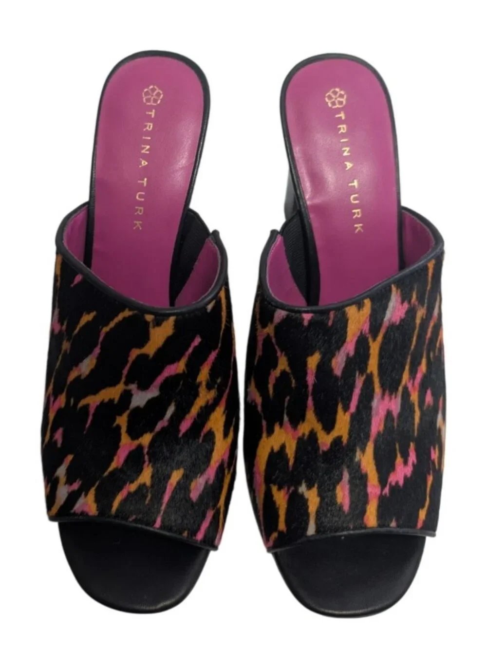 Trina Turk Leopard Luxe Calf Hair Block Heel Mule Sandals Neon Pink Orange Sz 8 - Picture 5 of 8